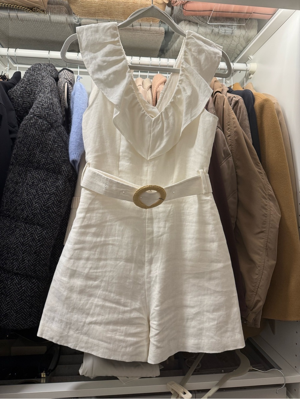 Mango Cream Lightweight Romper with Belt Detail